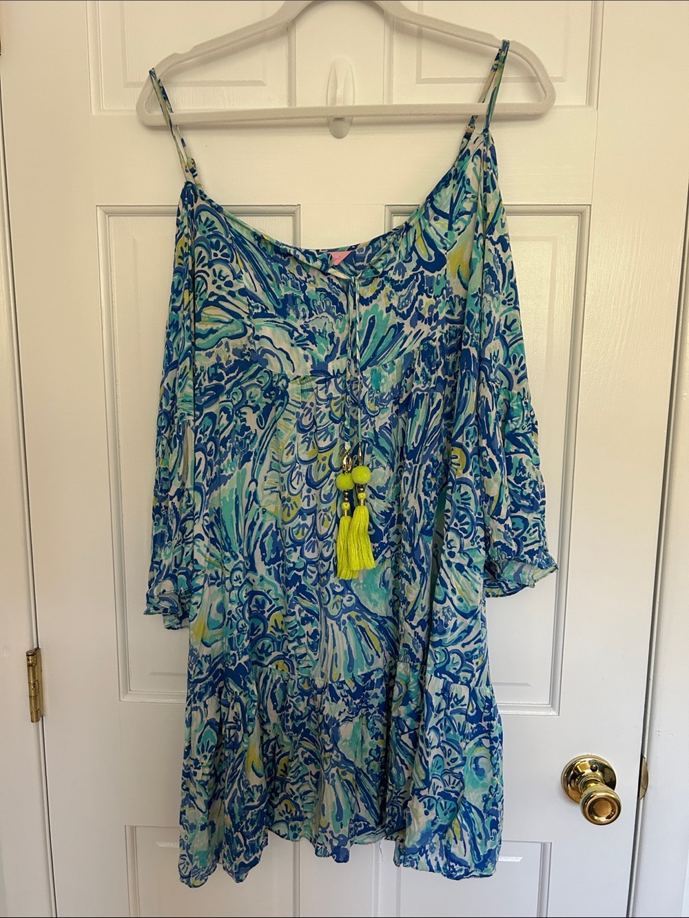 Lilly Pulitzer Blue, Green & Yellow Off-Shoulder Sundress with Tassel